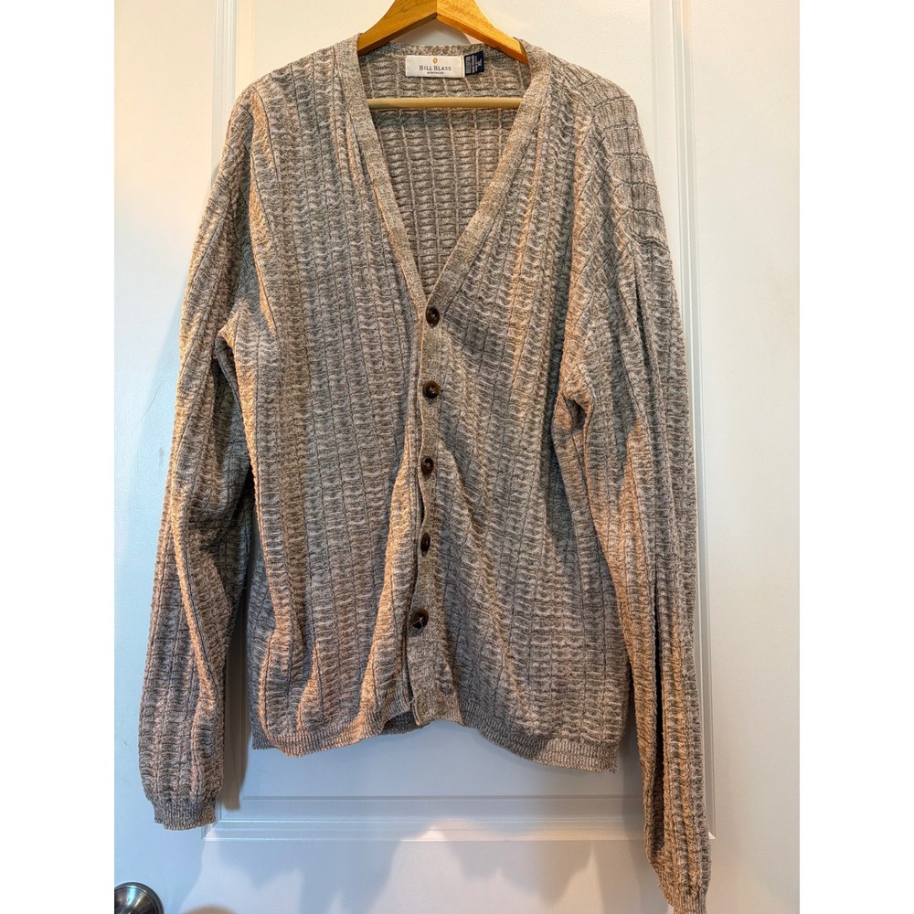 Bill Blass Menswear Cardigan Sweater XL Tan Cotton Waffle Knit Button Up USA